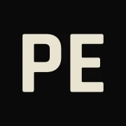 Production Engine icon, cream PE letters on black